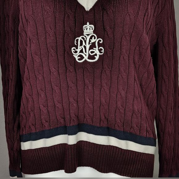 Ralph Lauren Cable-Knit Cotton Cricket Sweater XXL Burgundy, Crest Logo, Preppy - Picture 10 of 15